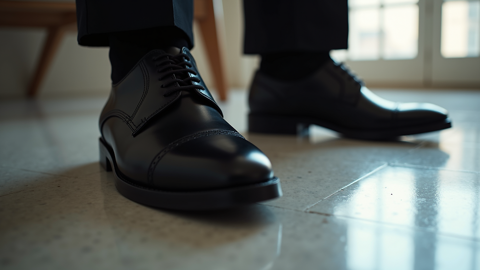 Eye-level view of black leather formal shoes on a polished floor