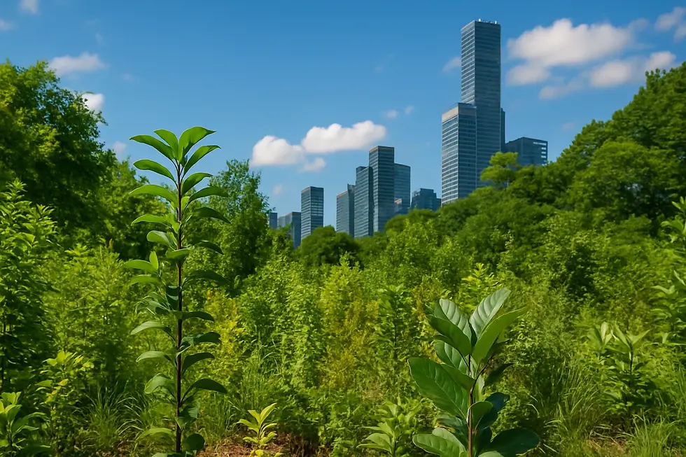 A dense, green Miyawaki-style tiny forest in the foreground with young trees and lush plants, set against a modern city skyline under a bright blue sky — showcasing the contrast between urban development and regenerative green spaces.