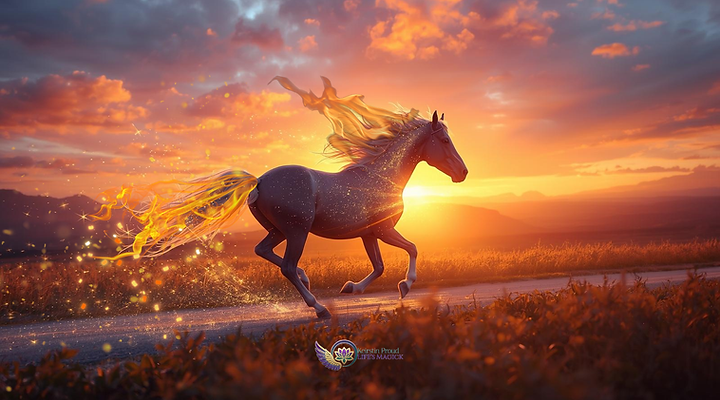 Fire Horse Running at Sunset