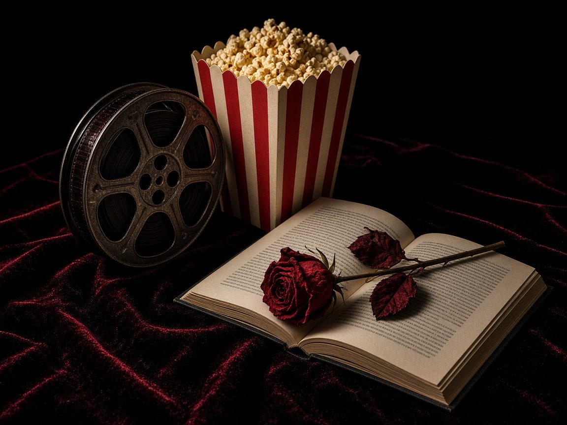 Movie night still life with a film reel, popcorn and a book