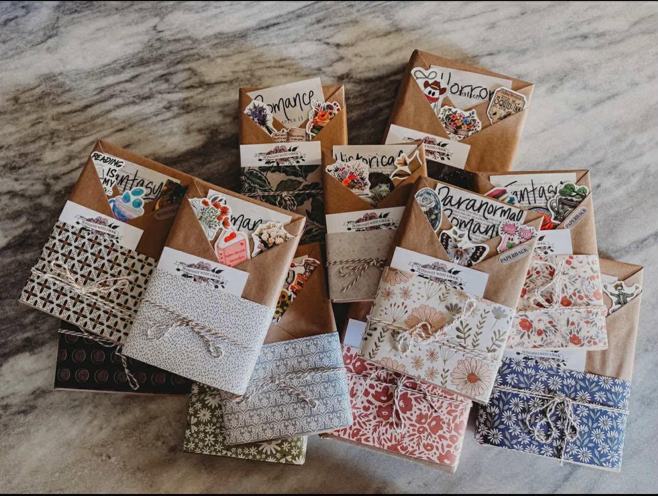 Wrapped Blind Date with a Book packages on a pop-up table