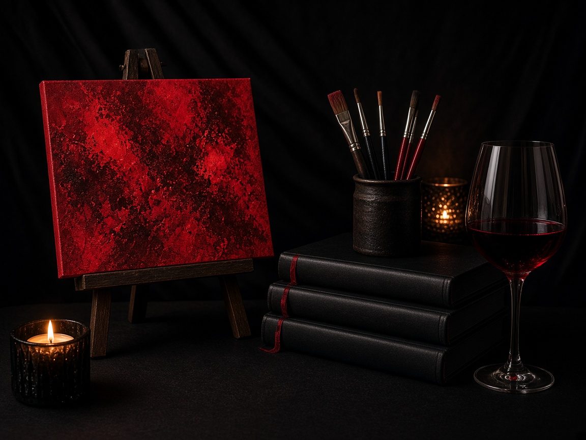 Paint night still life with a red canvas, wine and books