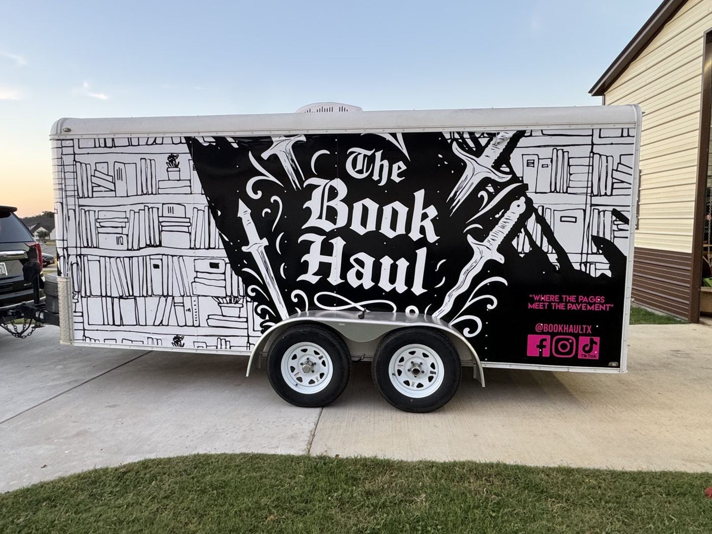 The wrapped Book Haul mobile bookstore trailer