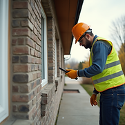 Inspector in safety gear examining a brick home exterior.