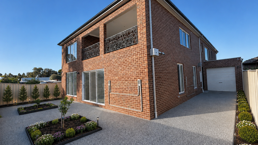 Modern two-story brick ALB HOMES residence with driveway.
