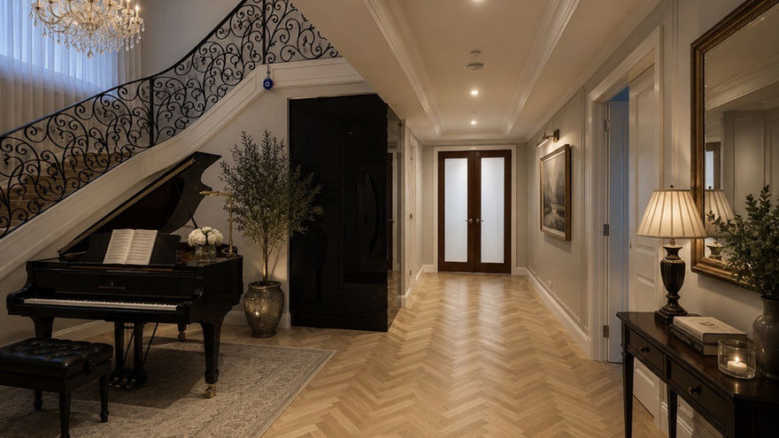 Grand foyer with a piano and a winding staircase.