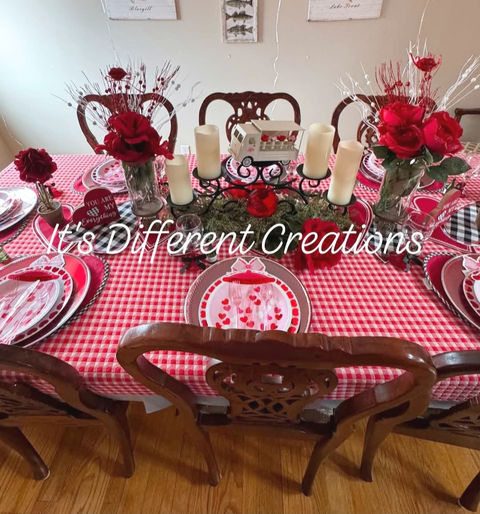 Special event birthday decor with a table setting in red flowers.