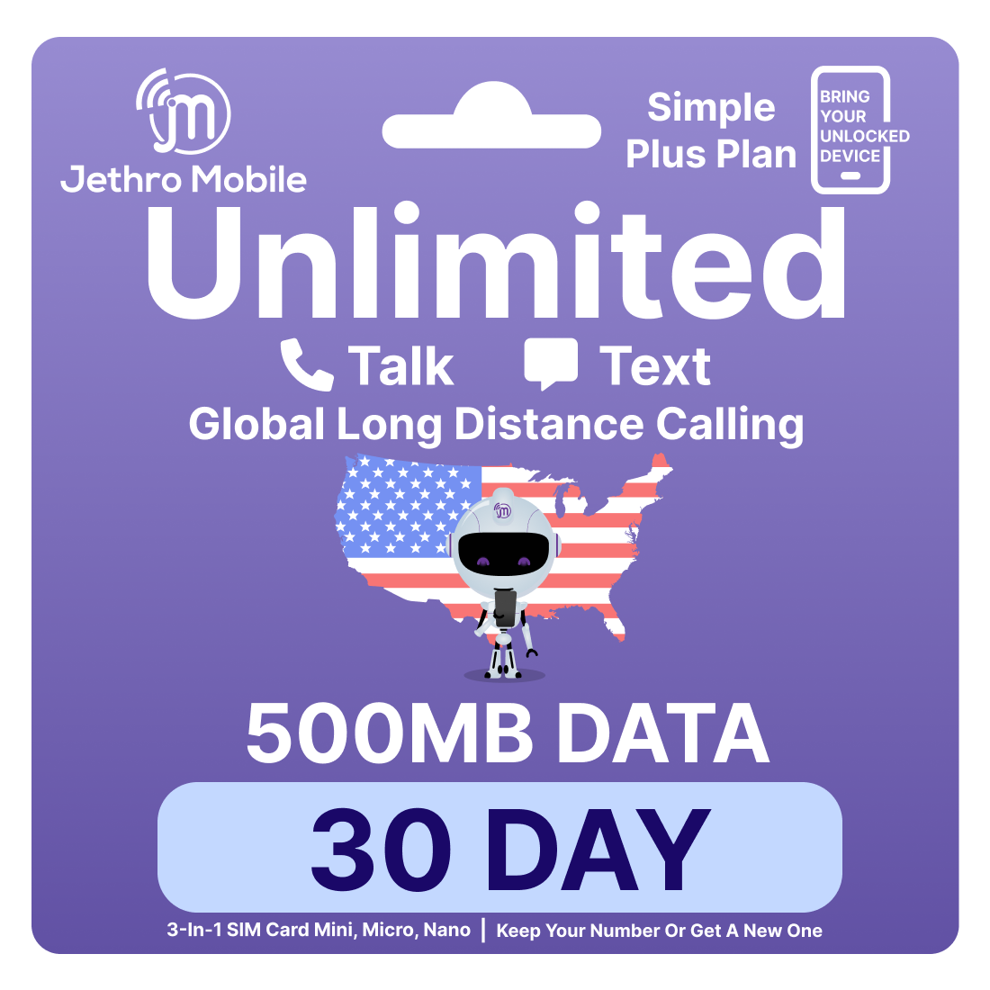 Jethro Mobile Prepaid SIM Card Unlimited Talk, Text with Data for 30 Days