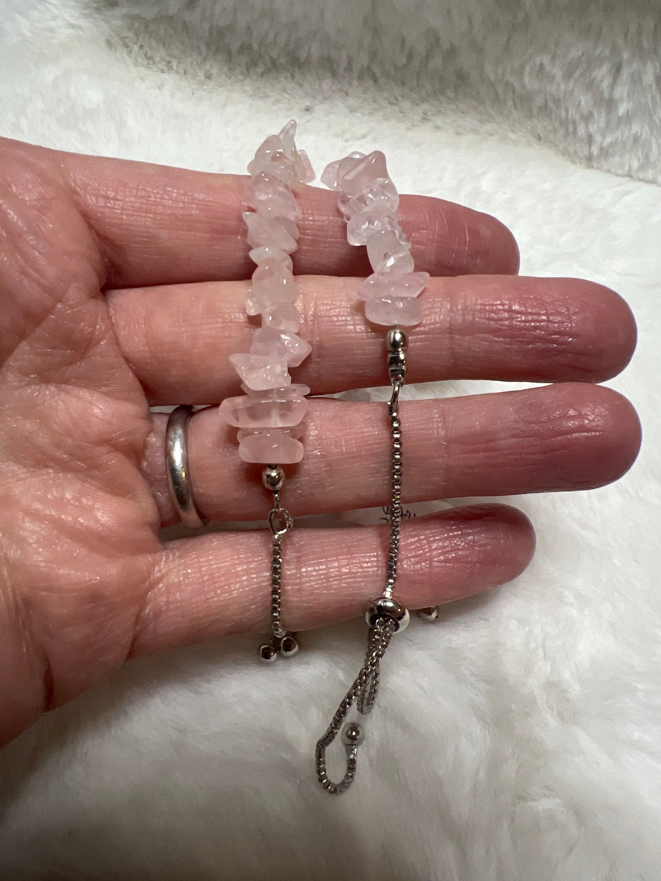 Rose Quartz chip adjustable stirling silver Bracelet