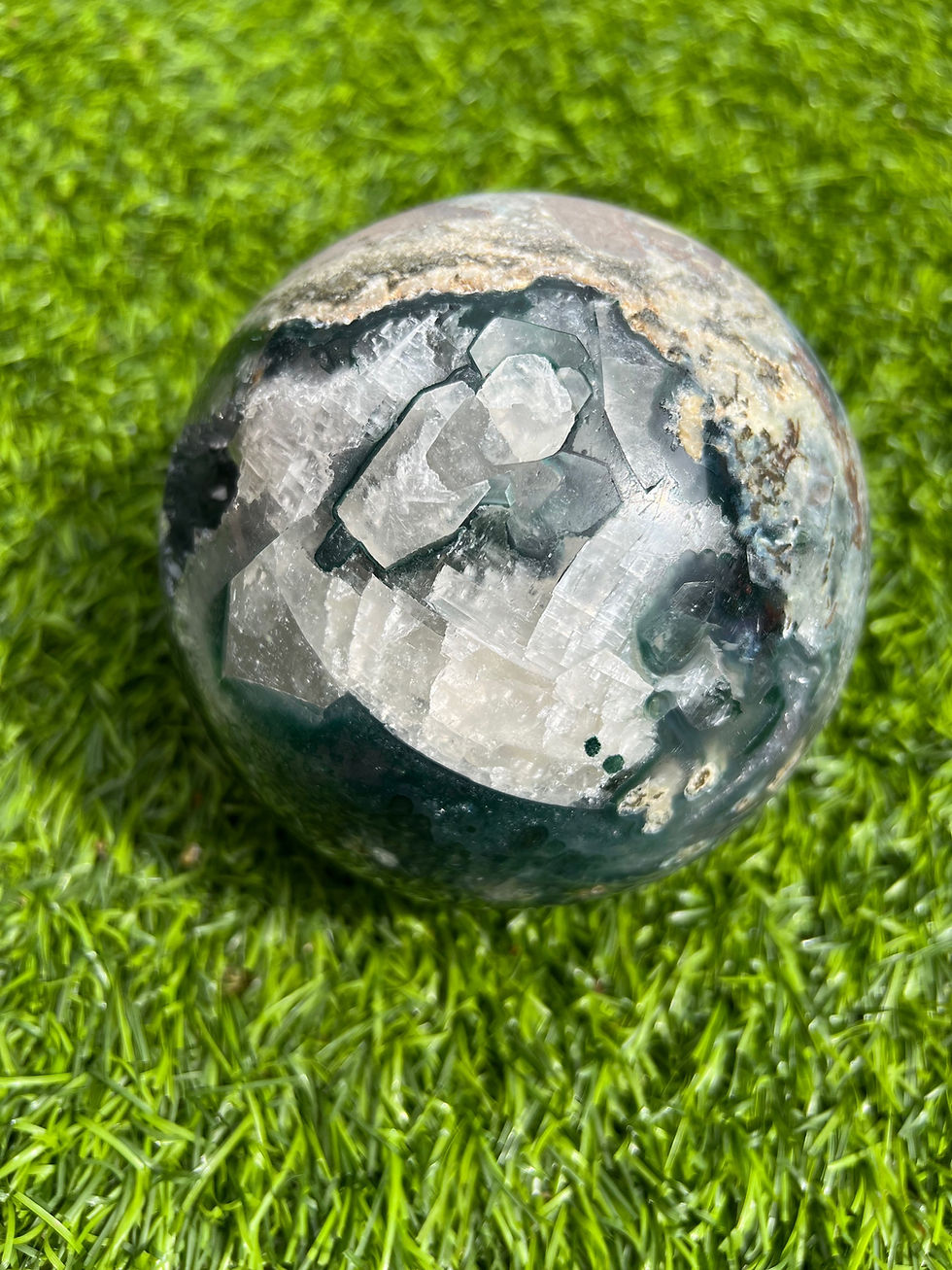 Thumbnail: Moss Agate and Amethyst Druzy Sphere with Calcite formation