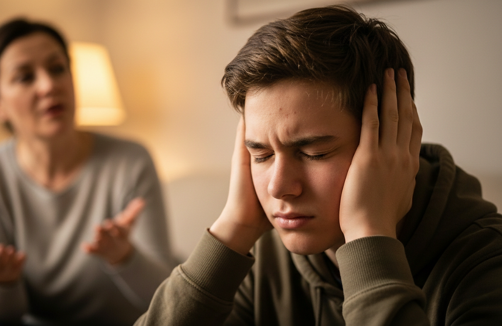 Teen covering ears, eyes closed, during discussion with woman gesturing in background. Warm lighting; tense mood.