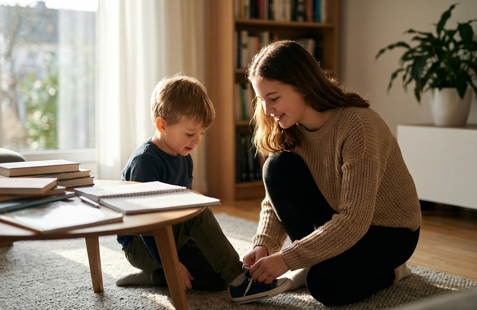 Woman in a beige sweater helps a child tie shoes in a sunlit room. Books on a table, bookshelf and plant in background, cozy atmosphere.