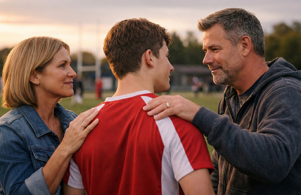A man and woman supporting a boy in a red jersey on a sports field at sunset, showing a caring and encouraging mood.