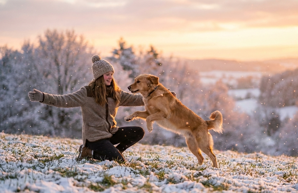 A woman in winter clothes plays with a jumping dog in a snowy field at sunset. Snow falls gently, and trees line the background.