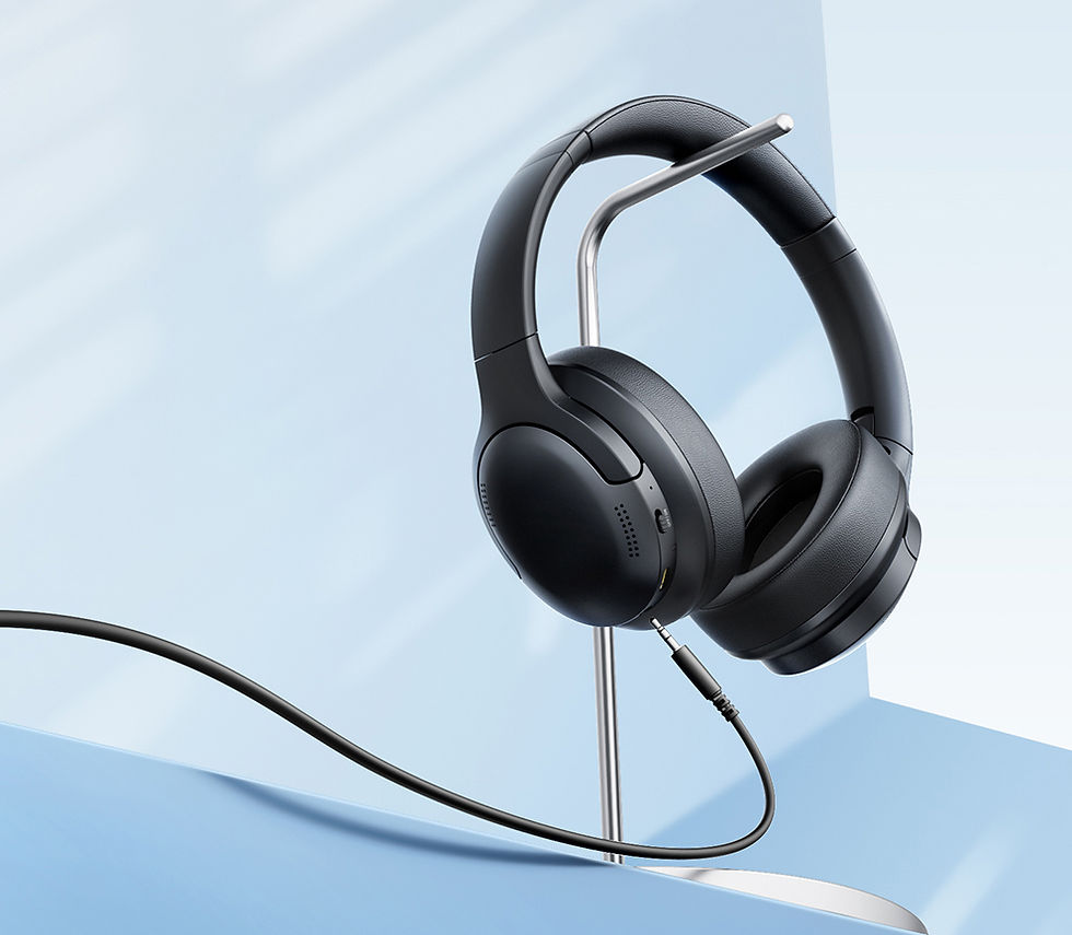 Thumbnail: Black over-ear headphones on a silver stand