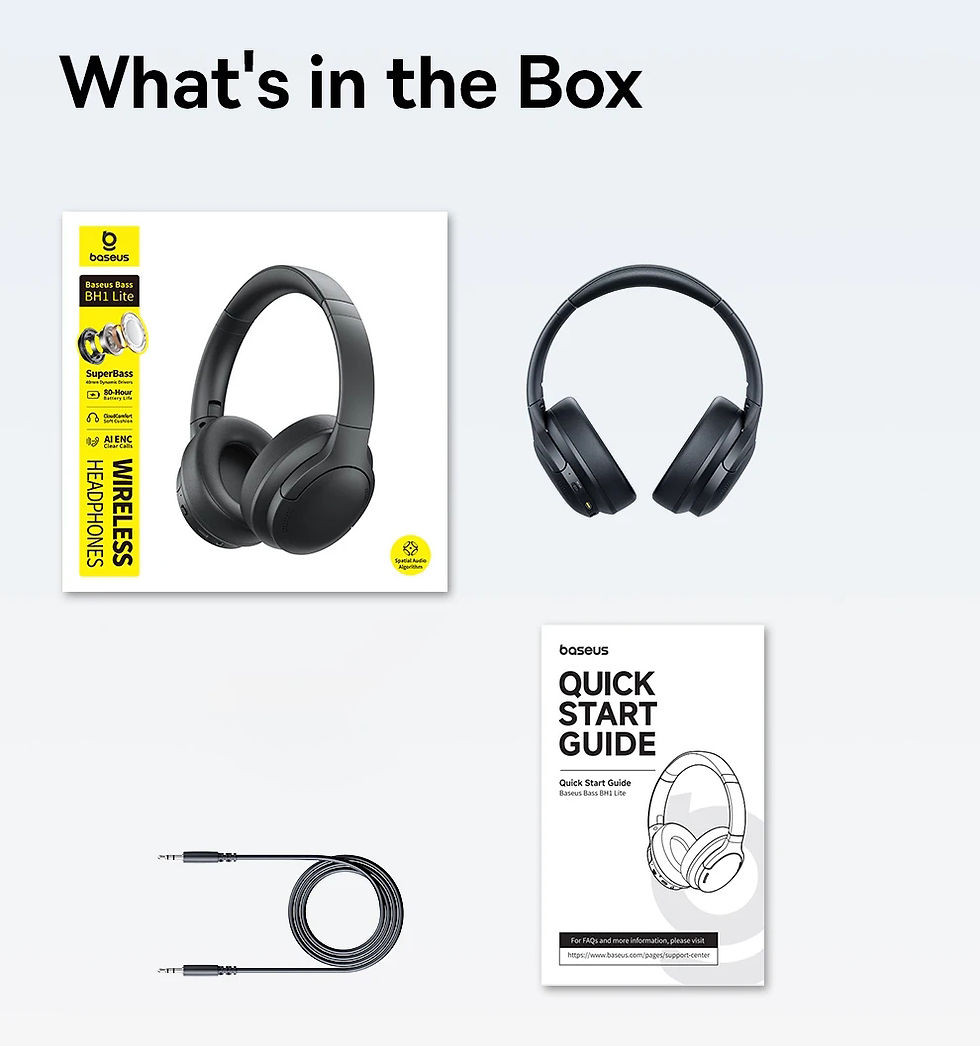 Thumbnail: What's in the box: wireless headphones, cable, and guide.