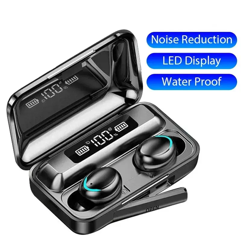 Wireless earbuds in charging case with LED battery display.