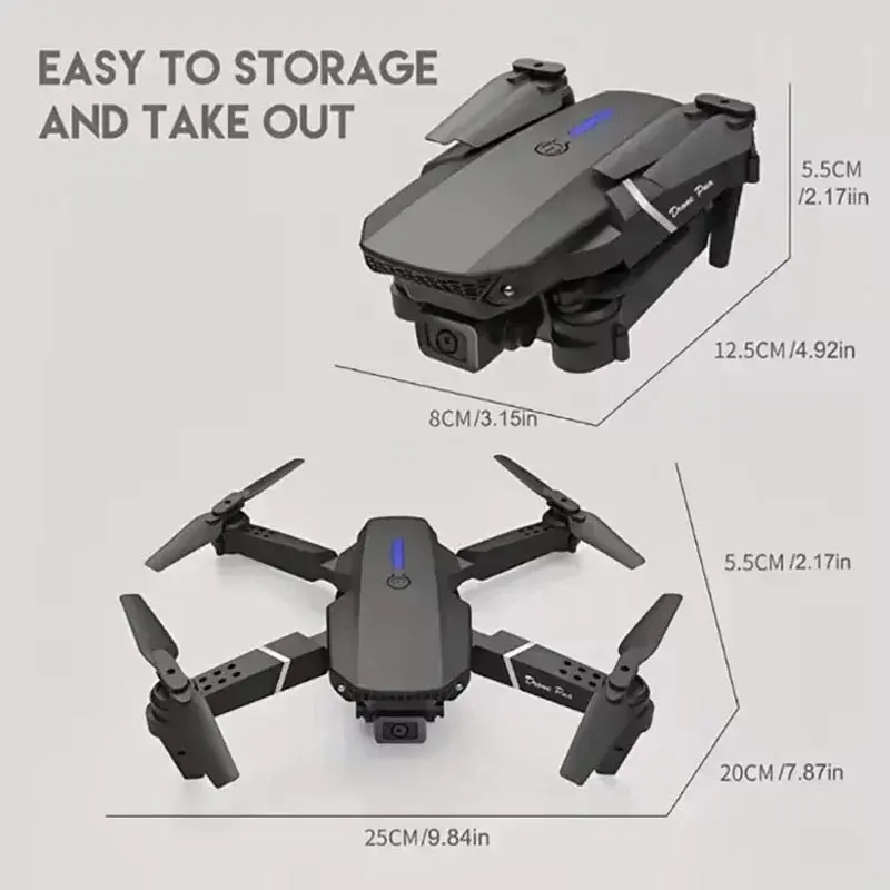 Thumbnail: Foldable drone dimensions showing storage and flight sizes.