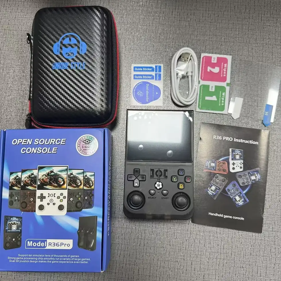Thumbnail: R36MAX Game Console with case, charger, and accessories.