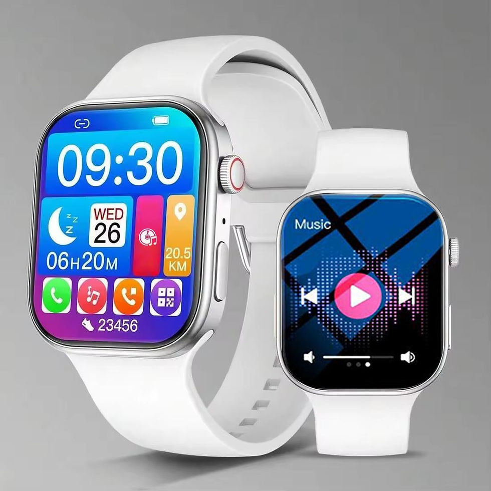 White smartwatch displaying health apps and music player interface