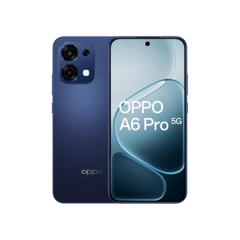 Thumbnail: OPPO A6 Pro 5G smartphone in blue showcasing front and back