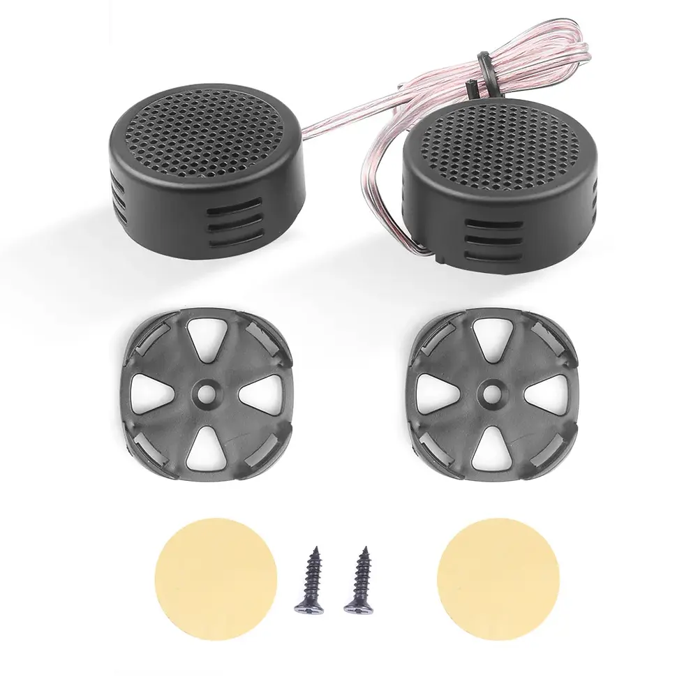 Thumbnail: Small black round speakers with mounts and screws
