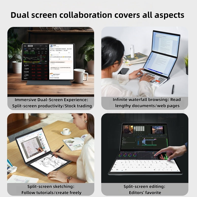 Thumbnail: KAMRUI dual-screen laptop showing split-screen productivity
