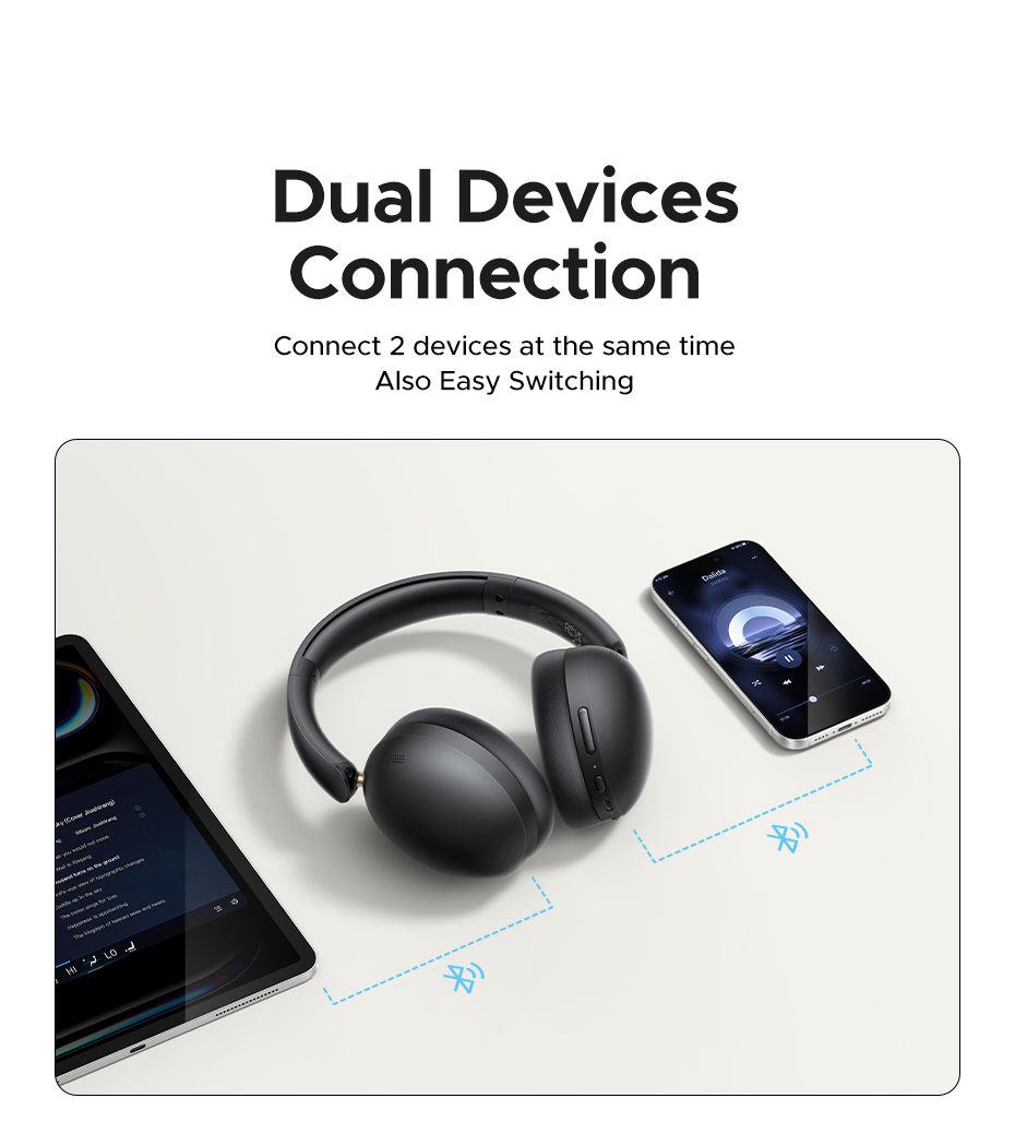 Thumbnail: Black headphones connected to a phone and tablet simultaneously.