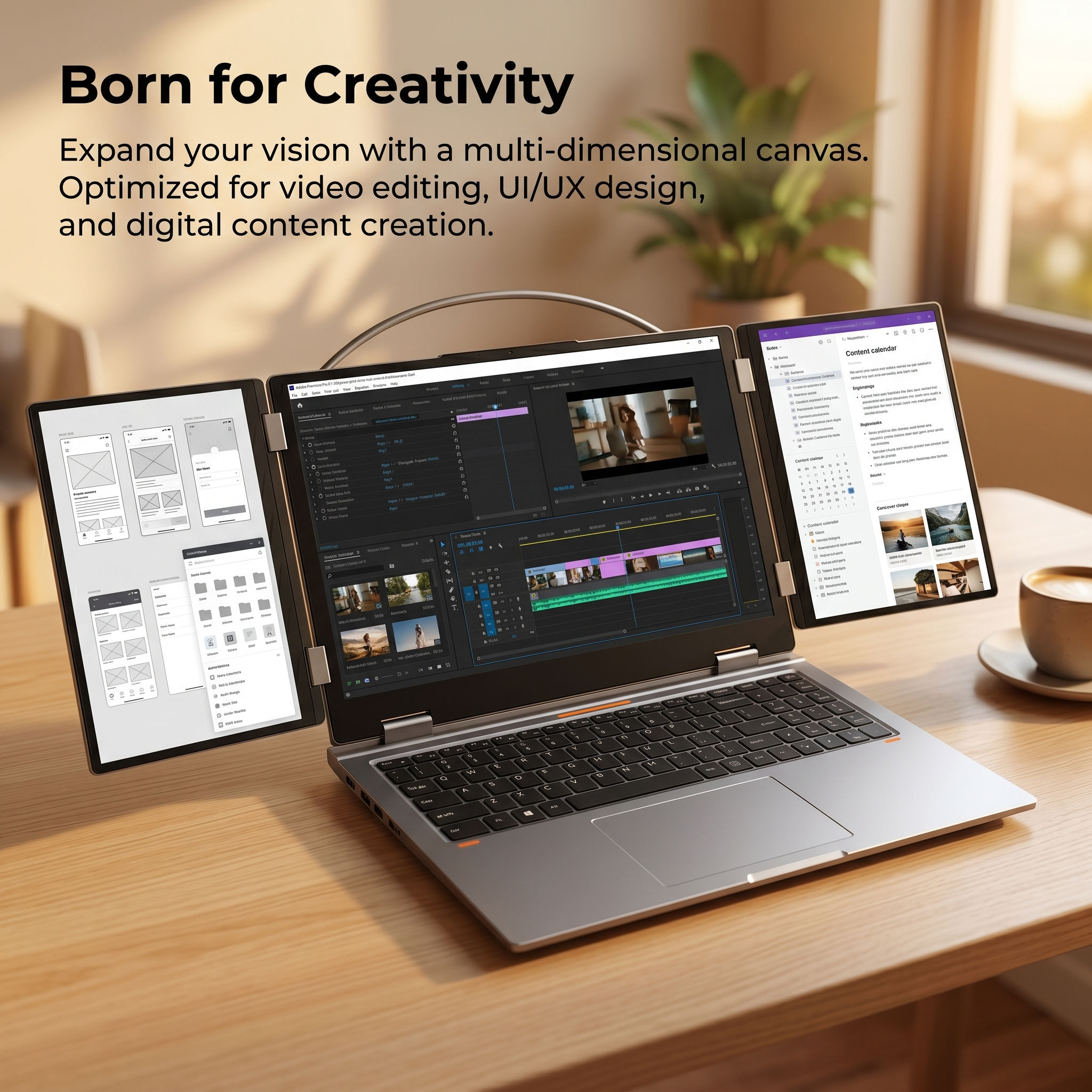 ACEMAGIC 17.3 inch laptop with triple screen setup for video editing.