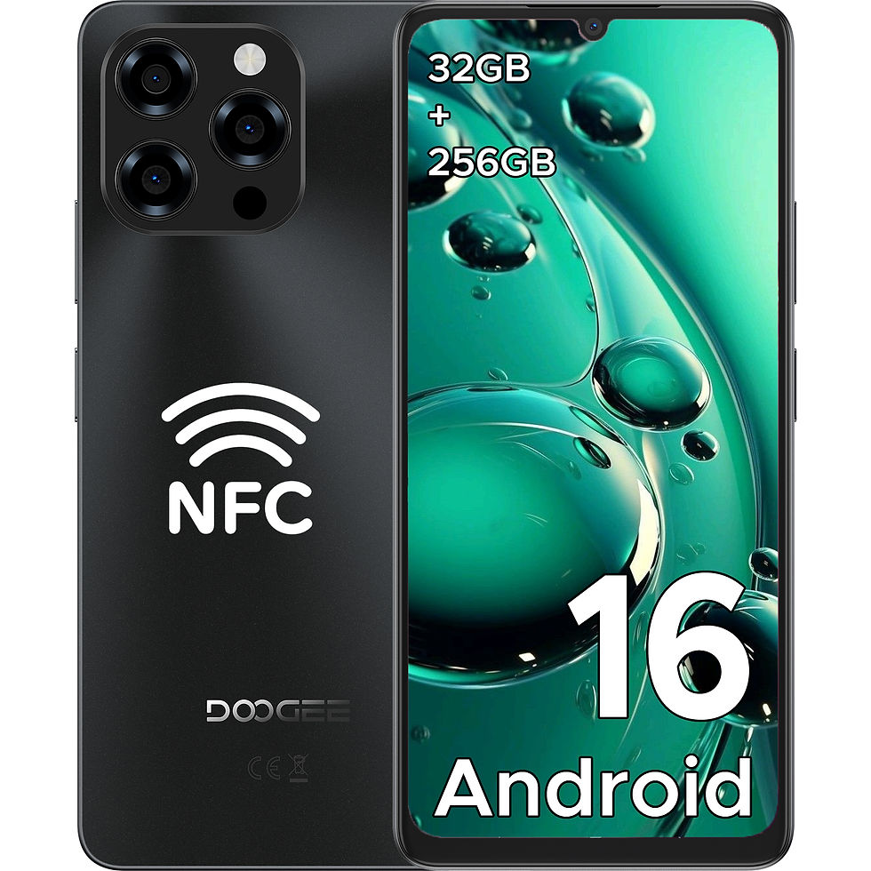 Thumbnail: Black Doogee smartphone showing NFC, Android 16, 32GB RAM, and 256GB storage.