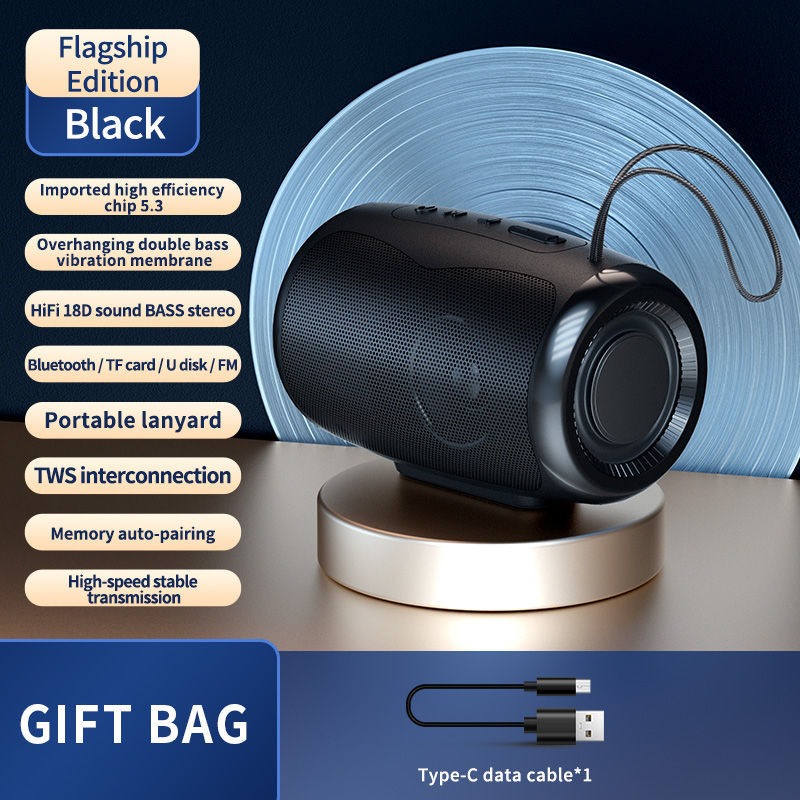 Thumbnail: Black portable HIFI Bluetooth speaker with lanyard and Type-C cable.