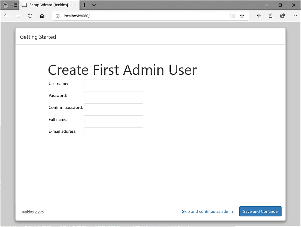 Jenkins Browser Setup Wizard - create first admin user