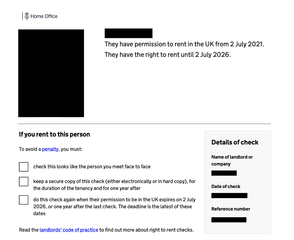 Example of what a landlord or letting agent will see when conducting a Right to Rent check on a tenant