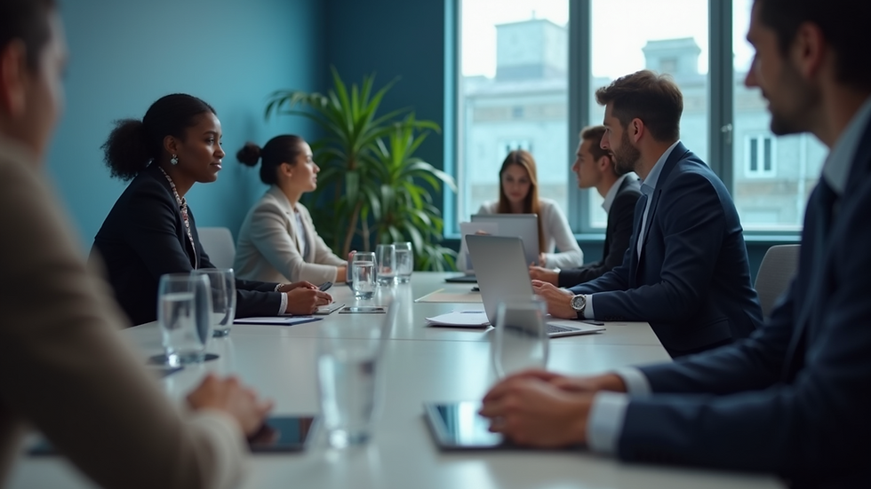 Close-up view of a data governance meeting with diverse professionals discussing AI compliance