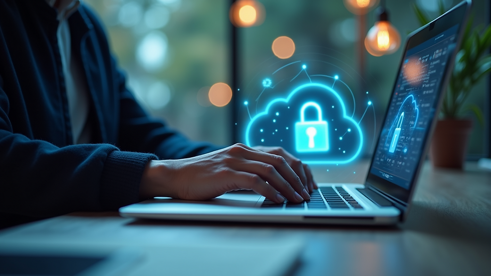 Eye-level view of a person working on a laptop with cloud security icons in the background