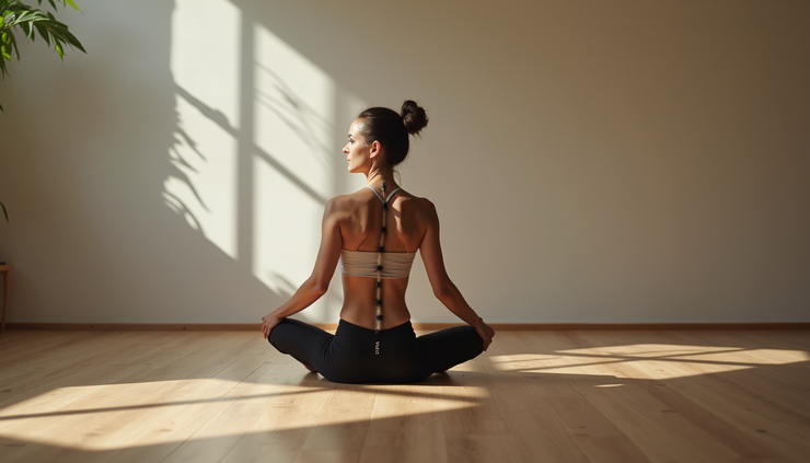 Close-up view of a person performing a seated spinal twist stretch on a wooden floor