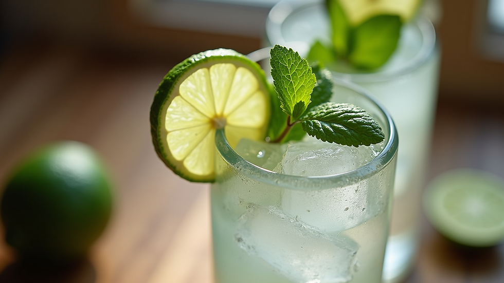 Close-up view of a chilled vodka cocktail with fresh lime and mint garnish