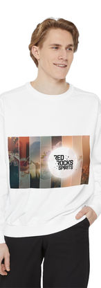 A white sweatshirt with a vertical gallery of pictures portraying various scenes of cocktails and the outdoors with a moon over part of it containing a Red Rocks Spirits logo
