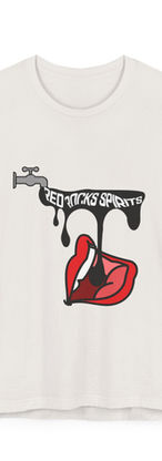 a vintage white t-shirt with a drawing of a faucet pouring the words "Red Rocks Spirits" into a mouth with red lips 