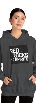 A dark grey Sweatshirt with a white Red Rock Spirits logo with a black background