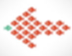 One green fish swimming in opposite direction to many red fish.