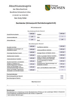 Dachdecker Dresden Andy Hüller Gesellenbrief Zeugnis sehr gut