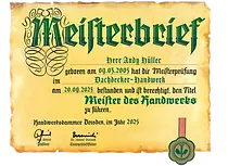Meisterbrief vom Dachdecker Andy Hüller – jüngster Meister Sachsens arbeitet bei DiBaB Gmb