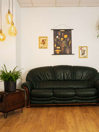 Eingansbereich von einem Tattoostudio in Leipzig mit grünem Sofa, einem Sessel, Pflanzen und Bildern an der Wand.