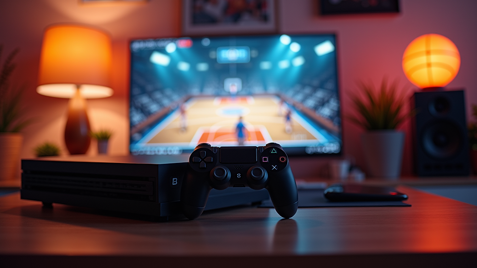 Eye-level view of a gaming setup featuring a console and a basketball-themed backdrop