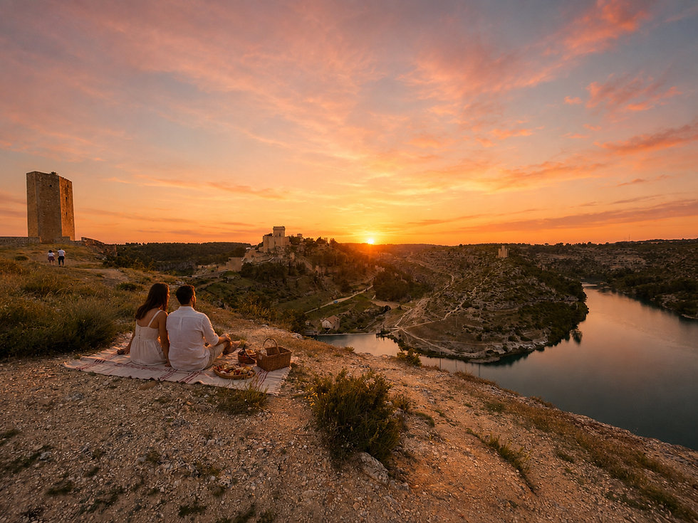 Pareja disfrutando de su picnic y de la puesta de sol desde la torre de Armas