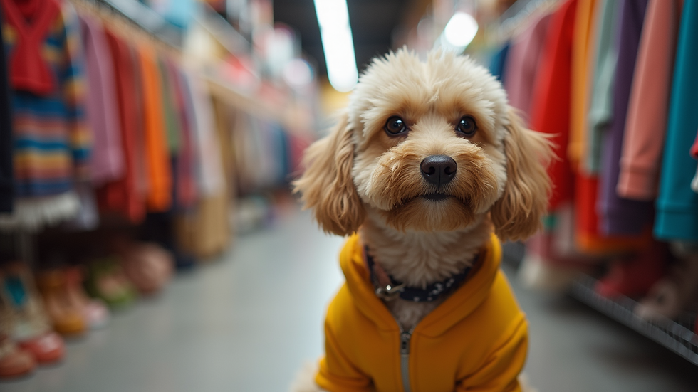 Eye-level view of a colorful pet clothing display