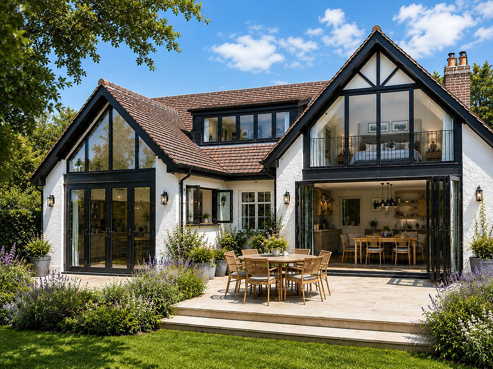 Character cottage extension concept retaining pitched gables and black framed glazing