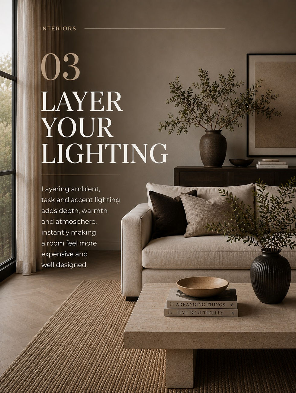 Warm living room showing layered ambient task and accent lighting for a more considered interior