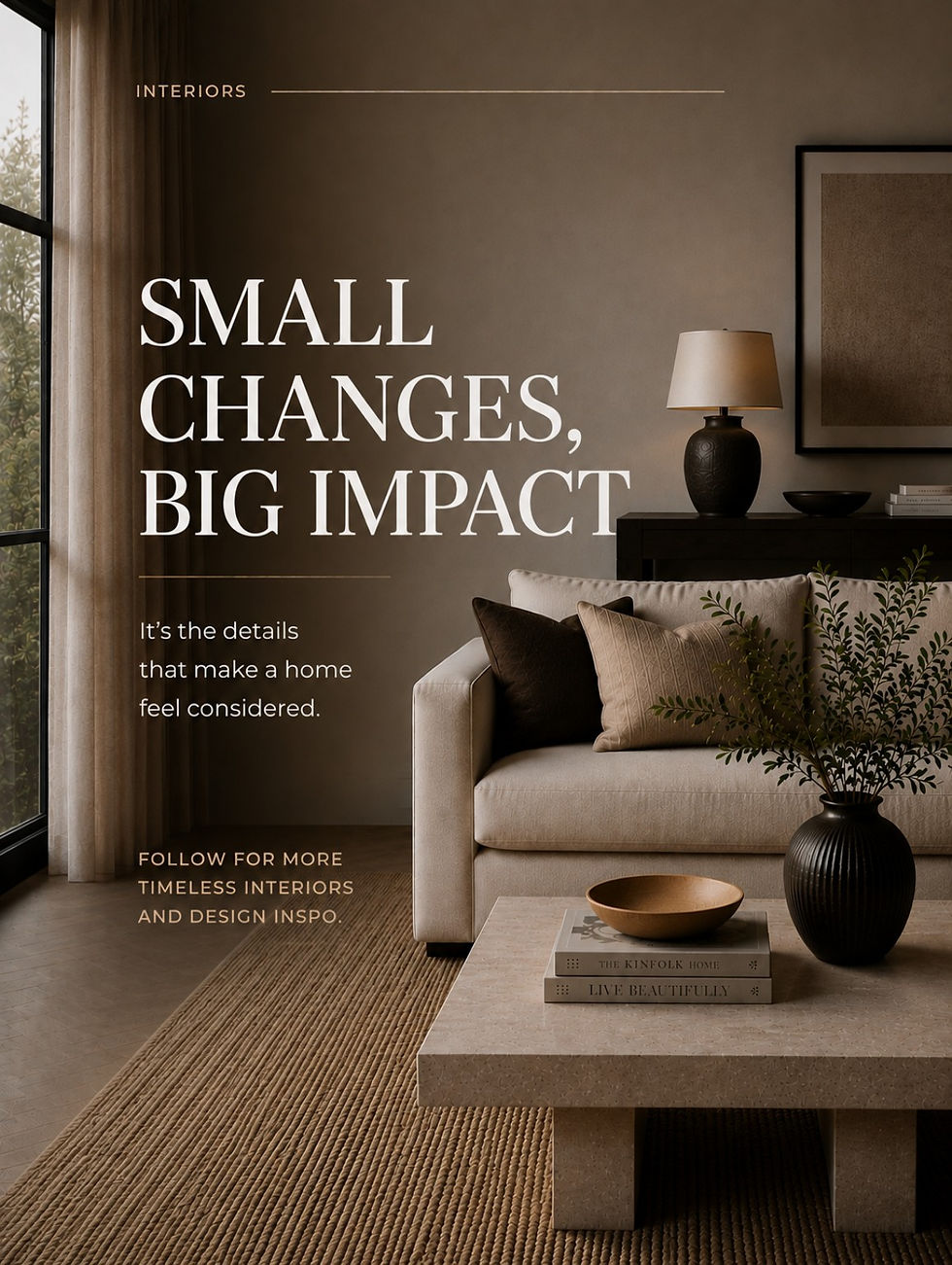 Considered neutral living room illustrating small interior design changes with a big visual impact